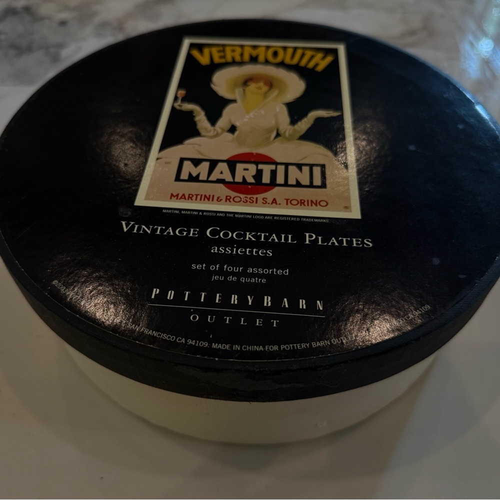 Pottery Barn Martini Vermouth Vintage Cocktail Plates - Black & Cream - New